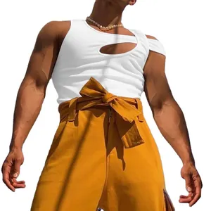 Men's sexy white cutout sleeveless vest with off-shoulder design for summer streetwear