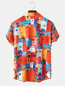 Back view of men's short-sleeved shirt with colorful Mediterranean house print