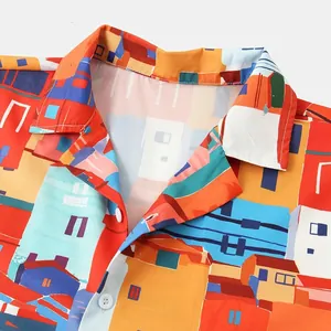 Colorful men's short sleeve beach shirt with architectural house print pattern