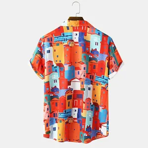 Colorful artistic house print men's short sleeve casual beach vacation shirt