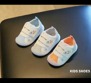 Comfortable toddler walking shoes with soft jelly soles and cute rocket patterns for kids.