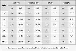 Size guide for men's vintage stand collar shirt with 3/4 sleeves measurements.
