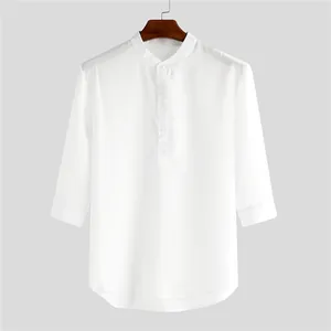 Men Retro Cotton Blend Casual Shirt Summer Stand Collar Solid Color 3/4 Sleeve Top Slim Fit Breathable Henley Shirt