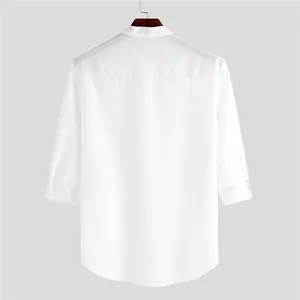 Detailed back view of a men's white polyester shirt featuring 3/4 sleeves and a retro stand collar