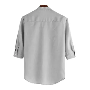 Men's light grey vintage polyester shirt featuring 3/4 sleeves and a stand collar back view