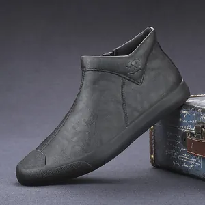 Men Mid-Top Casual Leather Boots British Style Slip-On Side Zip Microfiber Rubber Sole Autumn Unlined Warm Fleece Lined Shoes