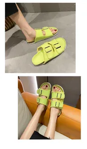 Vibrant lime green canvas slide sandals with double metal buckles and frayed edges detail.