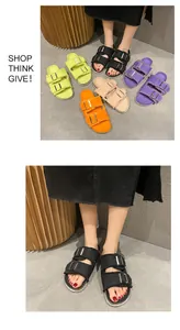 Women's casual dual-strap canvas buckled slides shown in multiple colors and on-foot