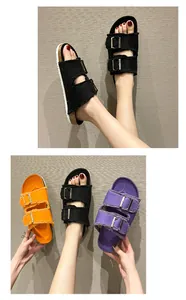 Detail view showing denim canvas flat sandals in vibrant orange, black, and purple colors