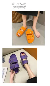 Women's casual canvas buckle flat slide sandals in vibrant orange and purple colors