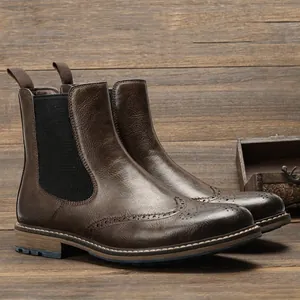 Men Chelsea Boots Vintage Brogue Carved Mid Top British Style PU Leather Slip On Retro Short Boots Mens Casual Shoes