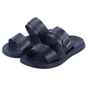 Men's stylish black leather-textured outdoor slides featuring adjustable metallic buckle