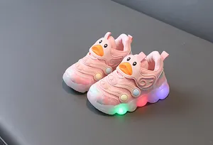 Pink LED light-up toddler shoes with cartoon duck design and breathable mesh
