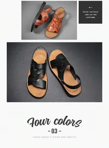 Detailed showcase of men's leather sandals available in black and brown for outdoor summer use