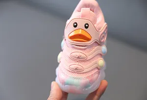 Detailed view of pink breathable mesh LED baby shoes with cute cartoon duck design