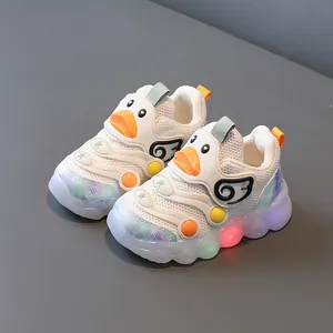 Breathable mesh LED light-up baby sneakers with cute orange duck design for toddlers