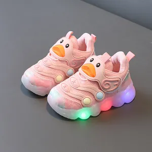 Pink LED light-up baby sneakers with cute duck design and breathable mesh upper