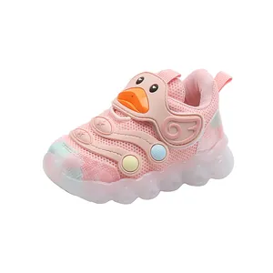 Cute pink LED light-up toddler sneakers with breathable mesh and cartoon duck design