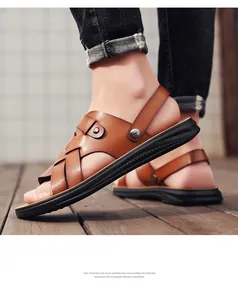 Side profile of men's brown leather sandals with lightweight black EVA foam sole