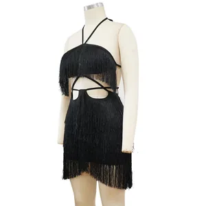 Side view of a sexy black fringe cutout mini dress on a display mannequin.