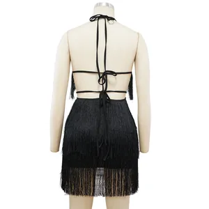 Back view of black tassel fringe backless bodycon dress with halter bandage straps.
