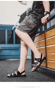 Side view of model wearing black lightweight breathable casual sandals