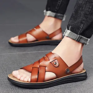 Brown leather men's sandals with woven straps and non-slip soft rubber soles