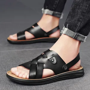 Men's black leather outdoor sandals with woven straps and soft durable anti-slip soles.