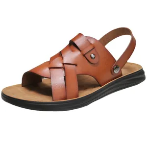 Men's breathable leather sandals with soft non-slip sole for outdoor beach use