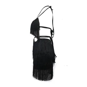 Side view of a sexy black fringe tassel halter mini dress for nightclub parties.