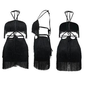 Detailed three-view of black fringe halter top and mini skirt set for nightlife