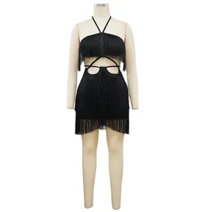 Detailed front view of a black fringe halter neck bodycon dress for party wear
