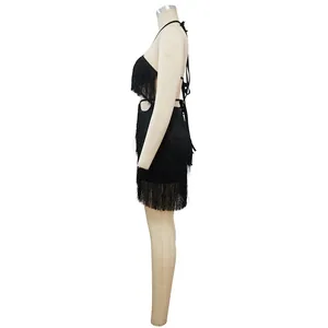 Side view showing the tassel texture of a black halter neck backless bodycon mini dress