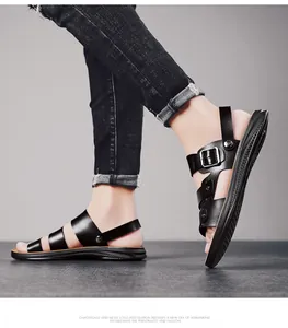 Side view detail of men's black leather convertible sandals with adjustable buckles