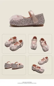 Vista detallada multiángulo de zapatos de princesa rosa con purpurina y lazo para niñas