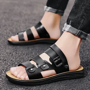 Lightweight and breathable men's stylish black leather beach sandals with buckle straps