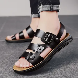 Men's stylish black leather sandals with buckle strap for summer beach casual wear