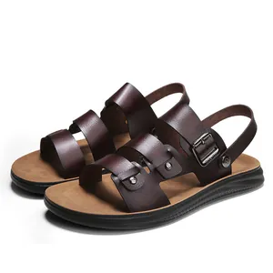 Premium men's brown leather summer sandals featuring adjustable buckle straps and beach style