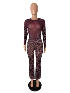 Front full view of a stylish and sexy leopard print two-piece set with long sleeves.