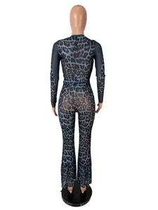 Back view of a blue leopard print high-waisted two-piece bodycon set on a mannequin