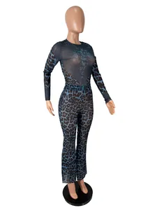 Detailed view of women's blue leopard print mesh two-piece set with high-waist pants