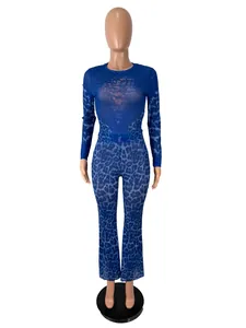 Detailed view of blue leopard print two-piece set with mesh top and high-waist pants.