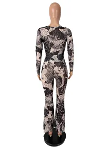 Back view of high-waist flared set with elegant koi fish and floral graphic print.