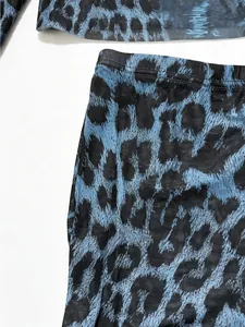 Macro detail of blue leopard print mesh fabric on high waist two-piece set