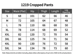 Detailed size chart for men's cotton cargo cropped pants with S to 5XL measurement ranges
