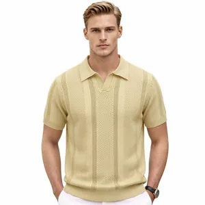 Men's elegant beige knit polo shirt featuring a vertical hollow-out mesh texture design