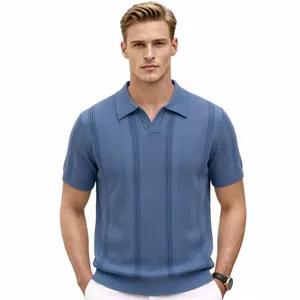 Stylish men's casual blue hollow knit Polo shirt with lapel short sleeves and slim fit