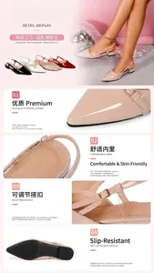 Detailed view of pointed toe slingback shoes showing patent leather and adjustable buckle.