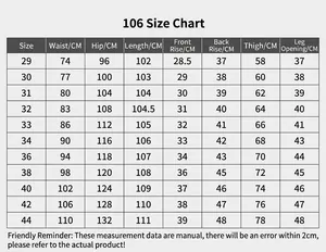Tabla de tallas detallada para pantalones cargo de algodón grueso para hombres