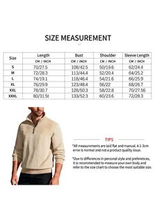 Comprehensive size chart for men's quarter-zip knit sweatshirt in CM and INCH units